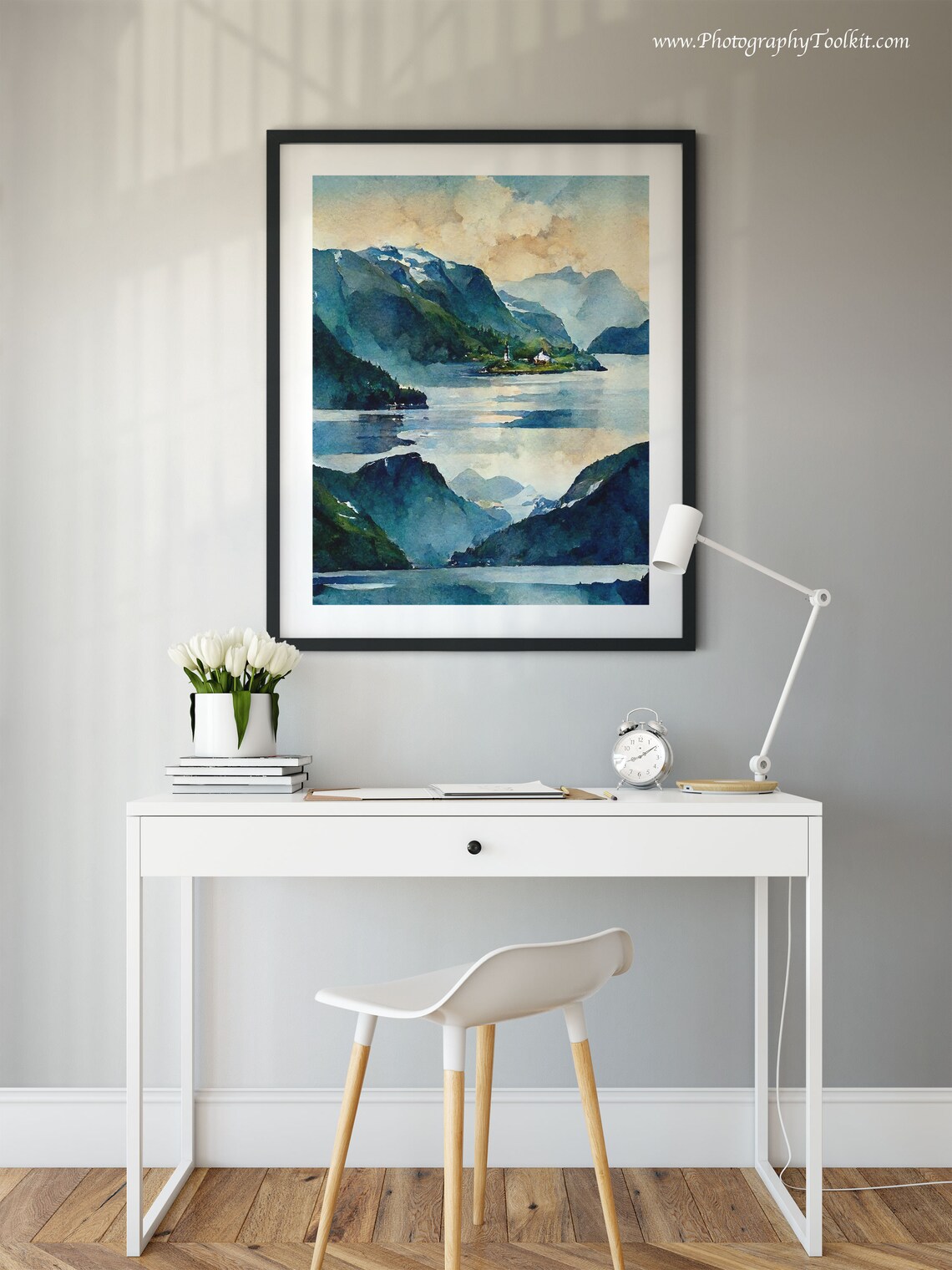 Norwegian Fjord Snow Peaks Village Watercolor Mountain Lake Poster - Image 2
