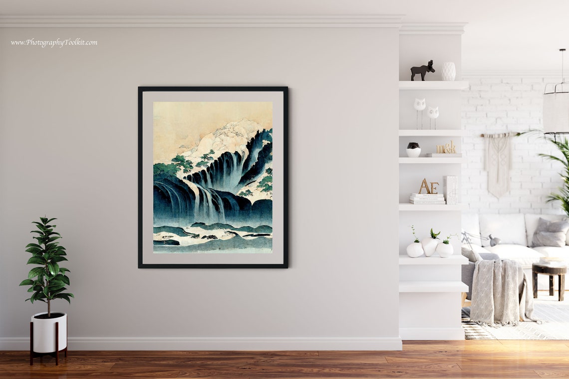 Japanese Style Waterfalls Cascading Over Dark Cliffs Woodblock Poster - Image 4