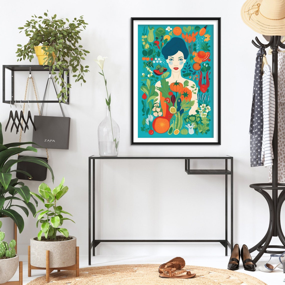 Vegan Woman Surrounded By Fresh Produce Botanical Style Poster - Image 2