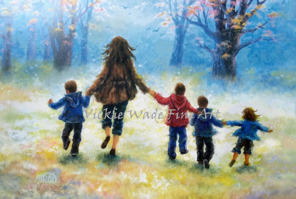 Mother Three Sons And Daughter Art Print Mom Mum Four Children Walking Three Boys One Girl Four Kids Youngest A Girl Vickie Wade Art