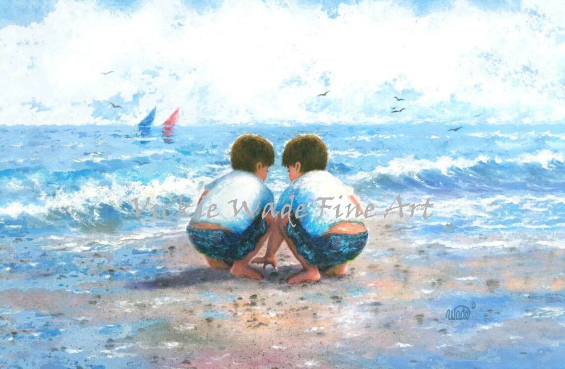 Twin Boys Crouching at the Waterline Watching Sailboats Poster