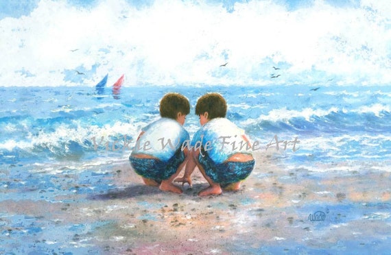 Twin Beach Boys Art Print Twin Brothers Brunettes Finding Seashells Digging In Sand Playing On Beach Two Twin Sons Vickie Wade Art