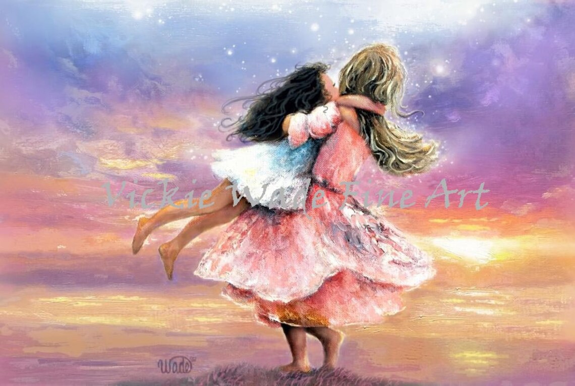 Two Sisters Twirling Together at Sunset Over the Calm Sea Poster