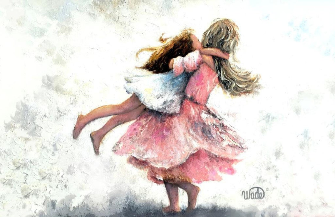 Two Sisters Twirling Art Print Big Sister Carrying Little Sister Pink Girls Room Art Two Girls Two Daughters Vickie Wade Art