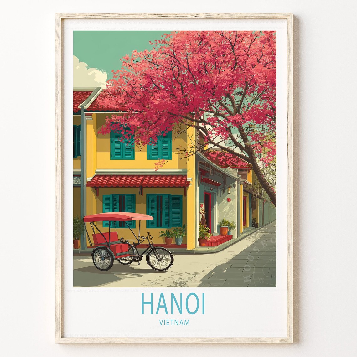 Hanoi Vietnam Old Quarter Cyclo Pink Blossom Street Travel Poster