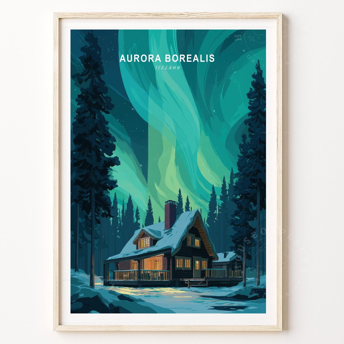 Iceland Aurora Borealis Night Sky Cabin Cozy Winter Travel Poster
