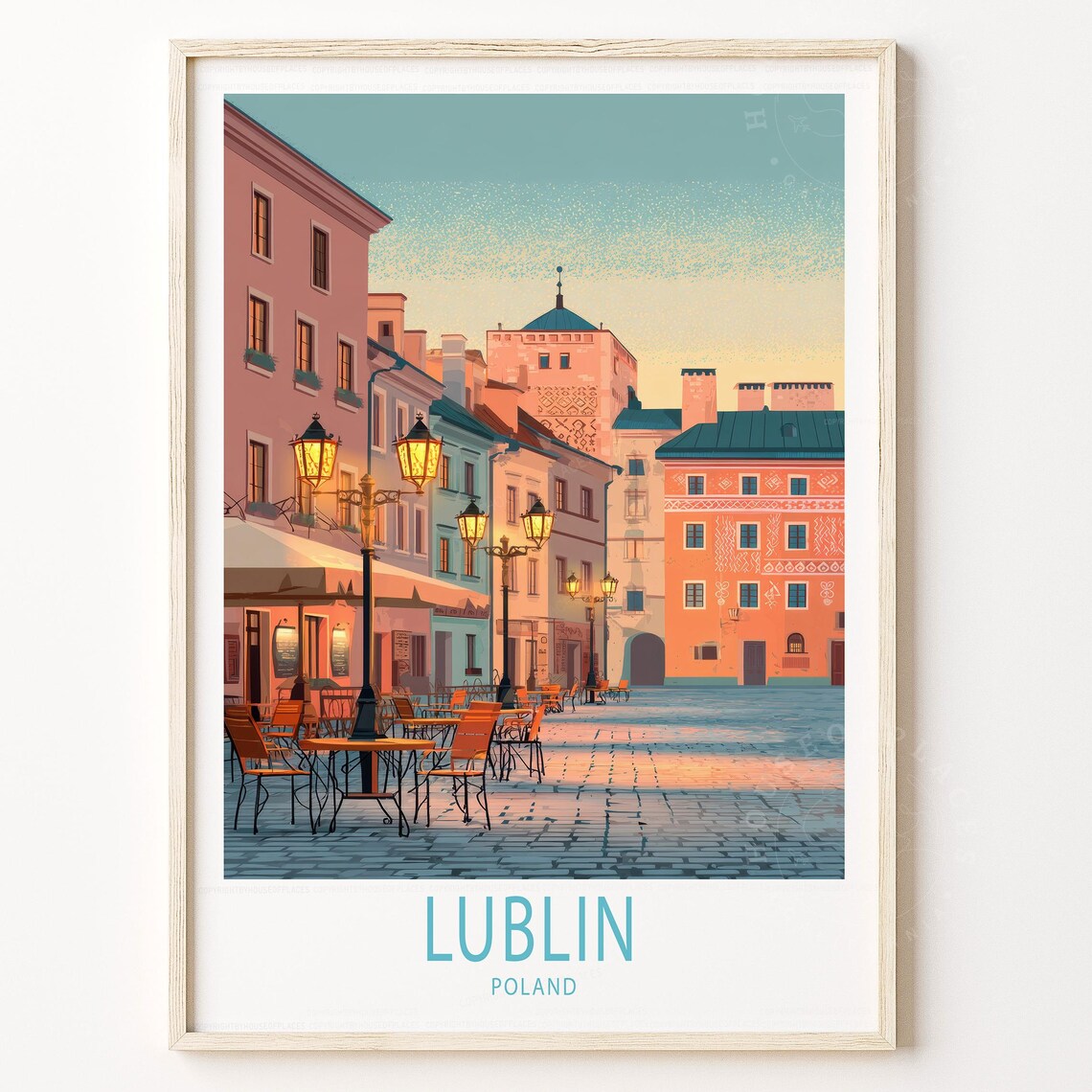 Lublin Poland Evening Lanterns Old Town Vintage Travel Poster