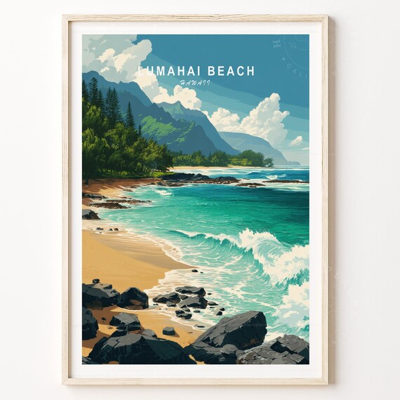 Lumahai Beach Hawaii Travel Poster Turquoise Waves Na Pali Coast