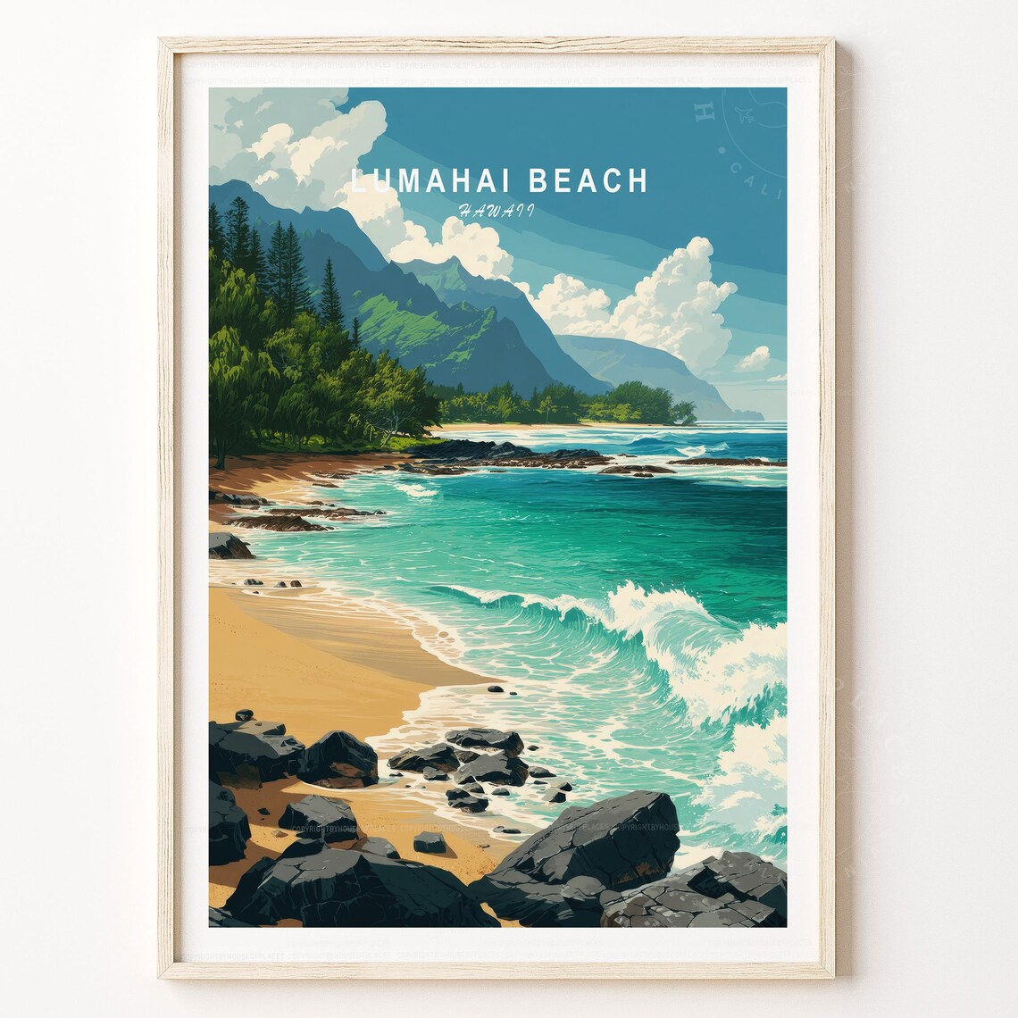 Lumahai Beach Hawaii Travel Poster Turquoise Waves Na Pali Coast