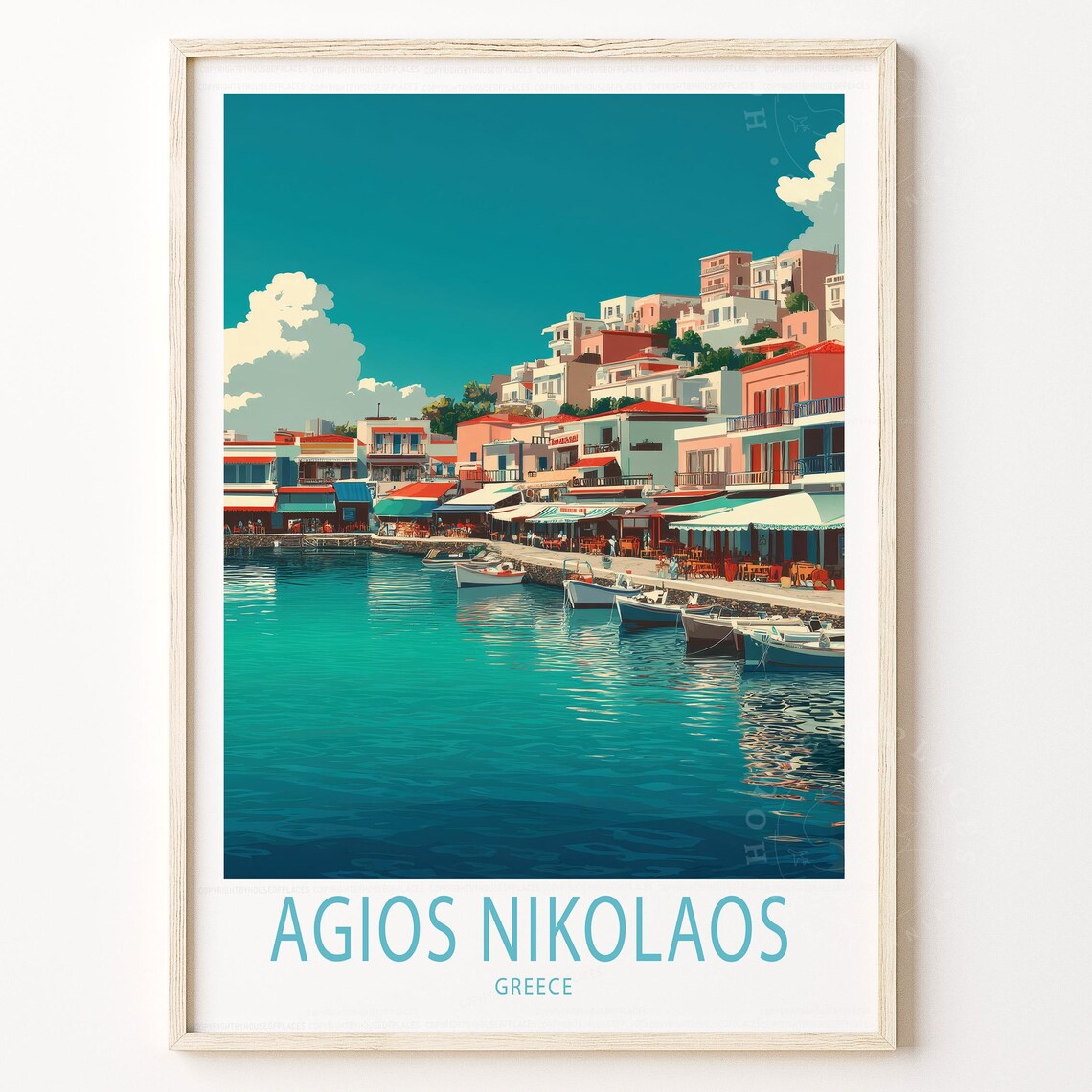 Agios Nikolaos Greece Travel Poster Retro Harbor Boats Seaside Town
