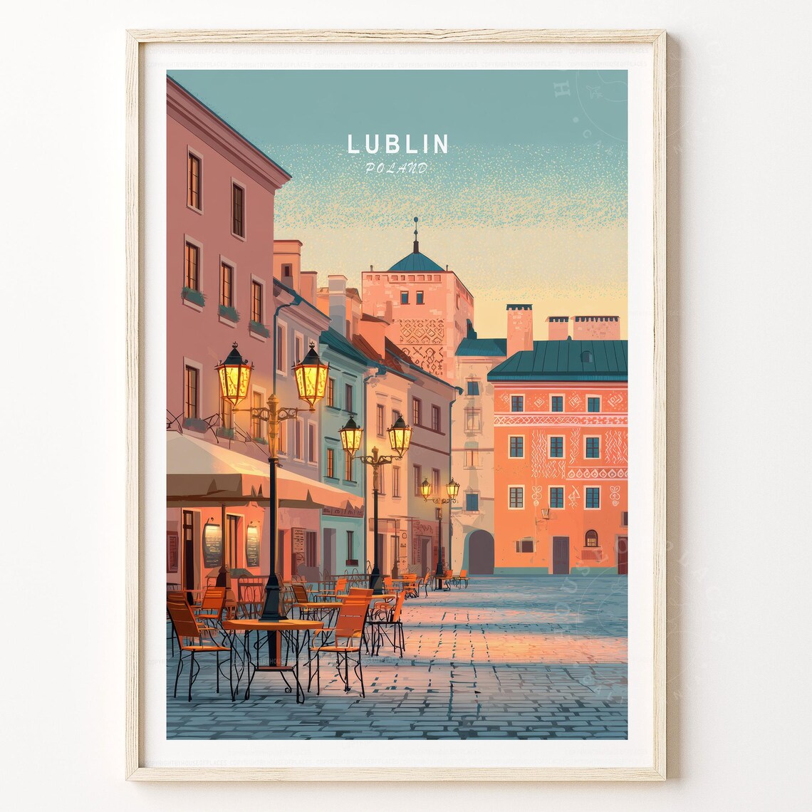 Lublin Poland Travel Poster Cobblestone Street Evening Lamp Light