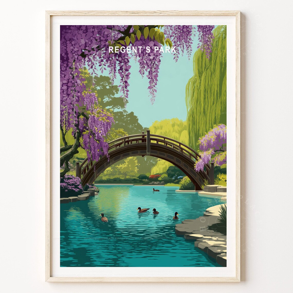 Regents Park London Wisteria Bridge Lake Vintage Travel Poster
