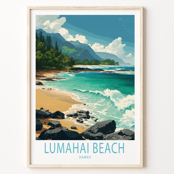 Lumahai Beach Hawaii Rocky Shore Waves Vintage Travel Poster