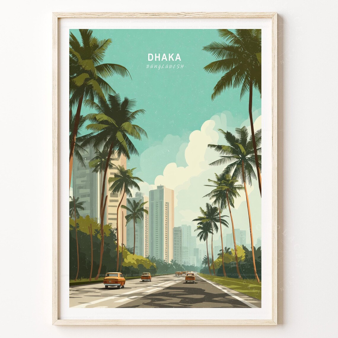 Dhaka Bangladesh Retro Palm Lined Boulevard Vintage Travel Poster