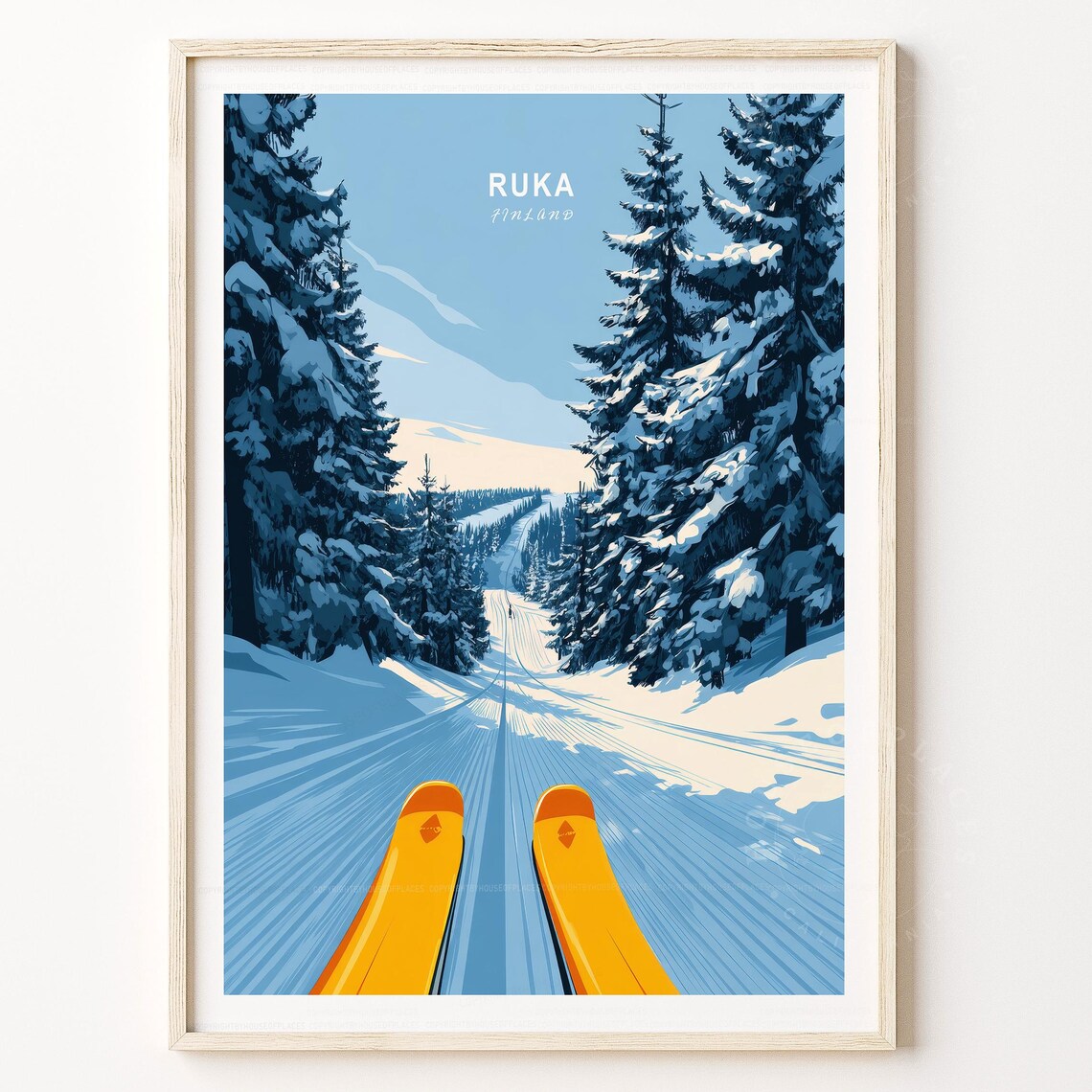 Ruka Finland Winter Ski Run Snowy Pine Forest Vintage Poster