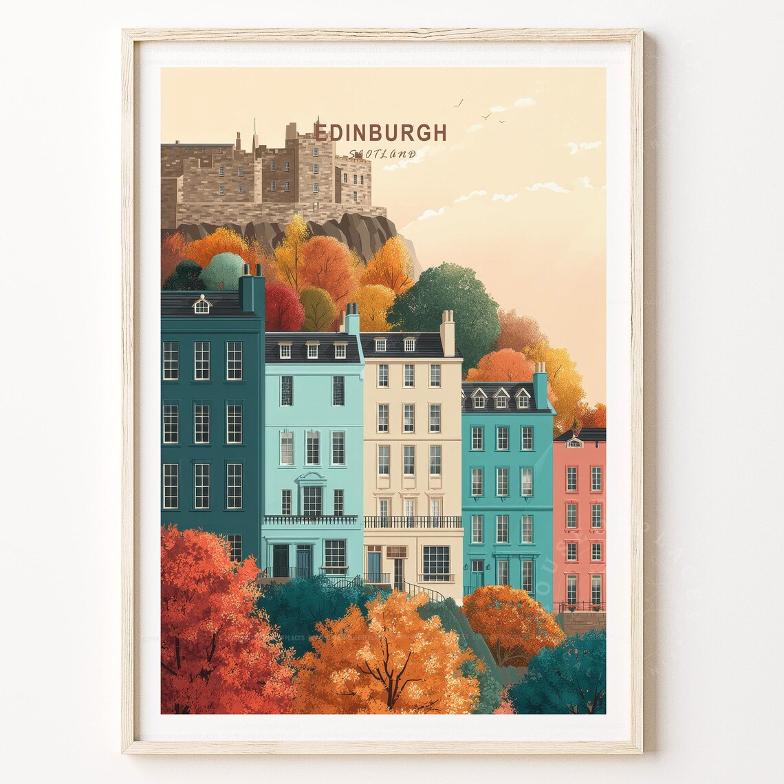 Edinburgh Scotland Autumn Castle Travel Poster Vintage Cityscape Art