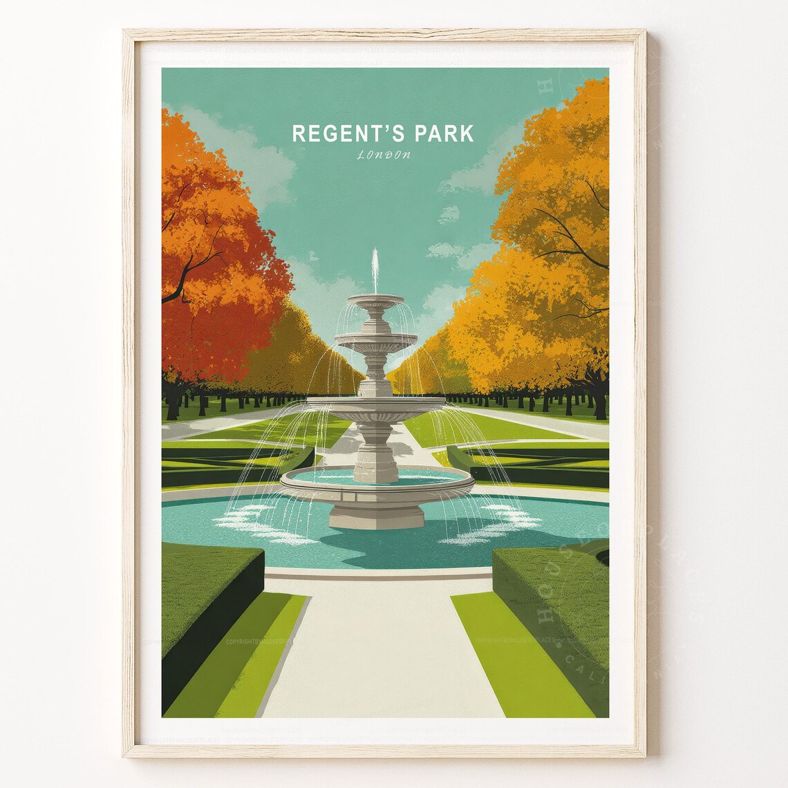 Regents Park London Autumn Fountain Vintage Travel Art Poster