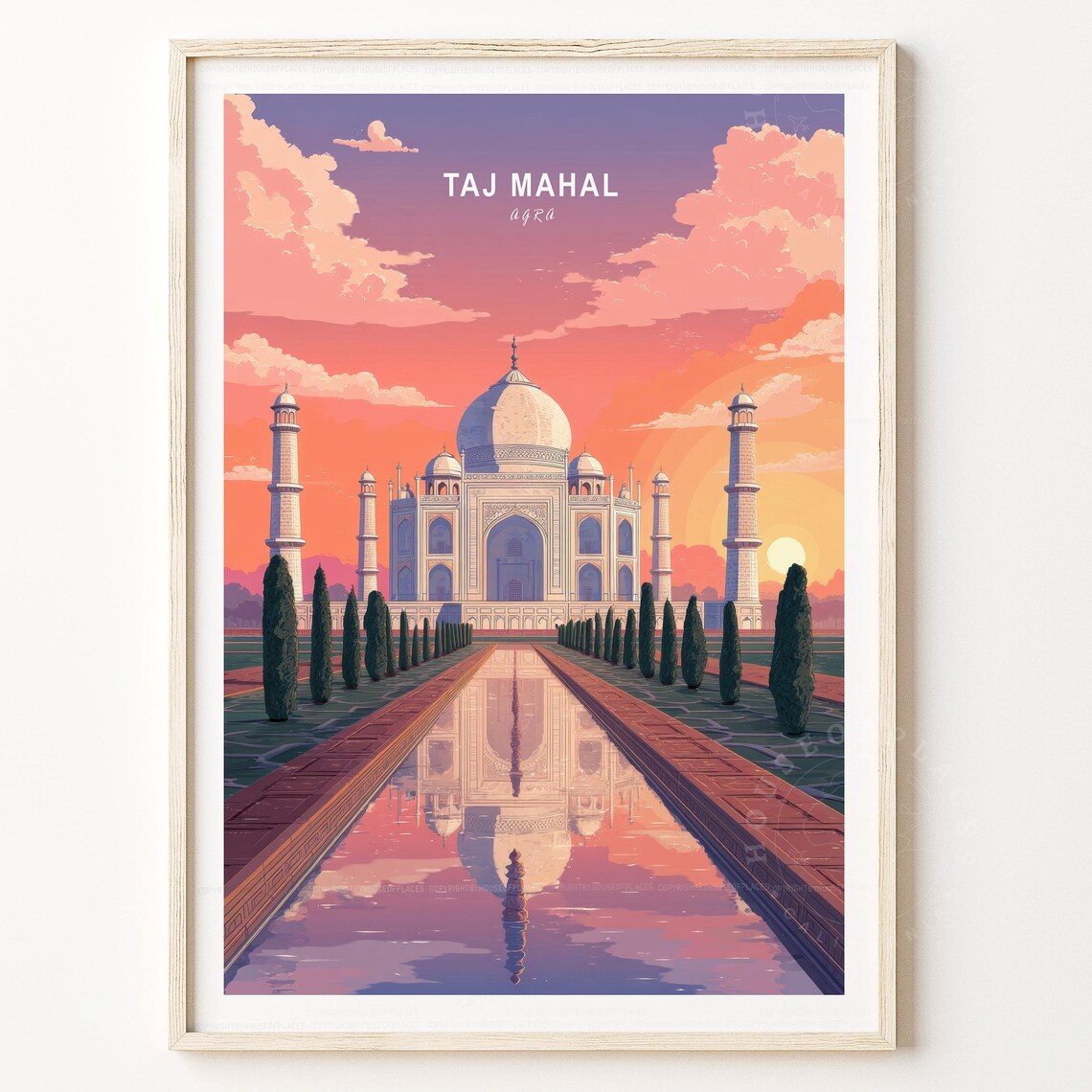 Taj Mahal Agra Sunset Reflection Travel Poster India Marble Wonder