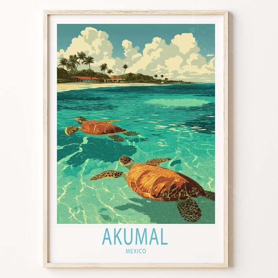 Akumal Mexico Two Sea Turtles Turquoise Shallows Retro Travel Poster