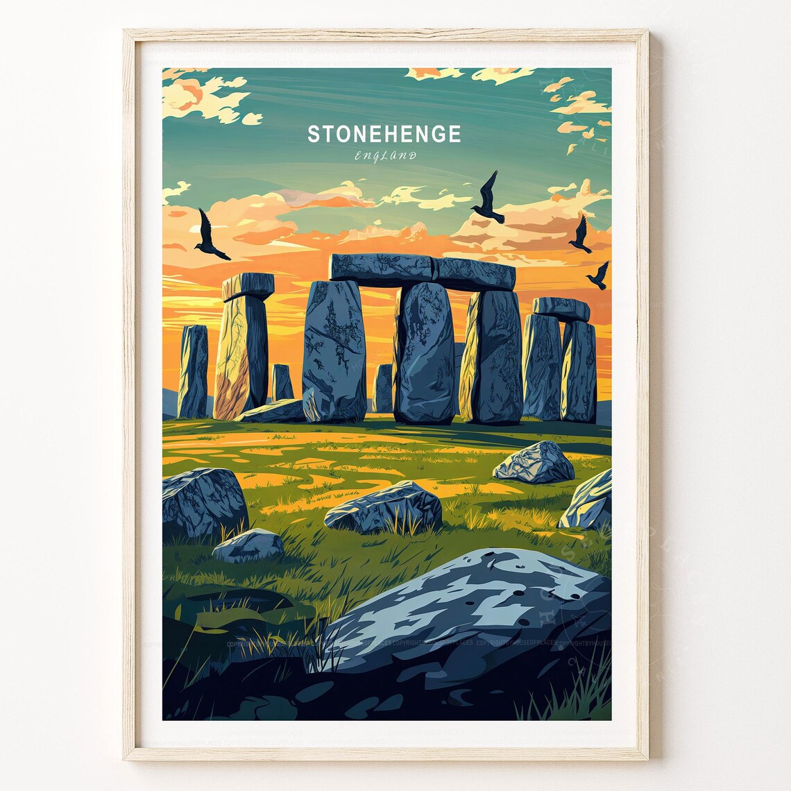 Stonehenge England Ancient Stones Sunset Sky Birds Travel Poster