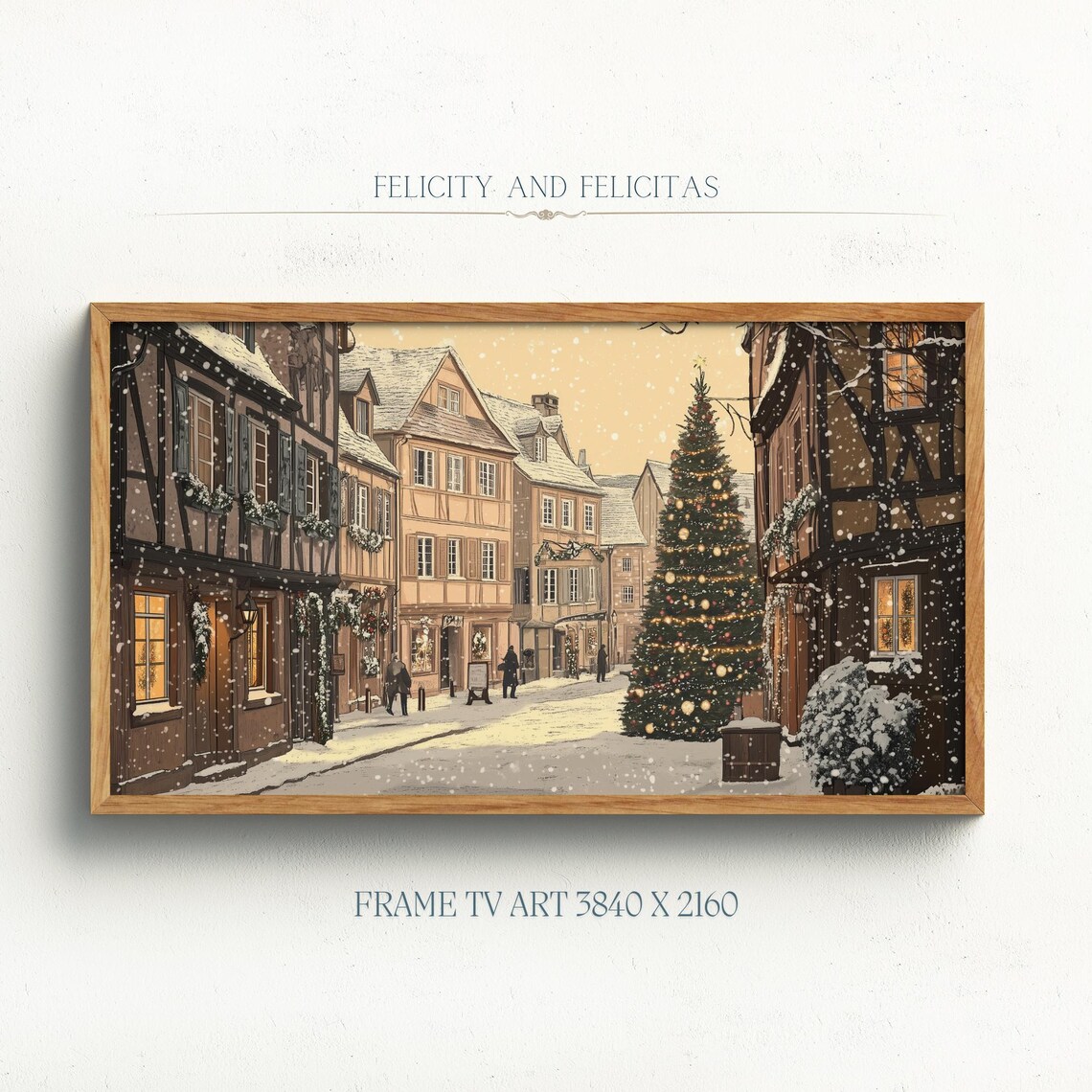 Historic European Old Town Christmas Street Tree Snow Poster