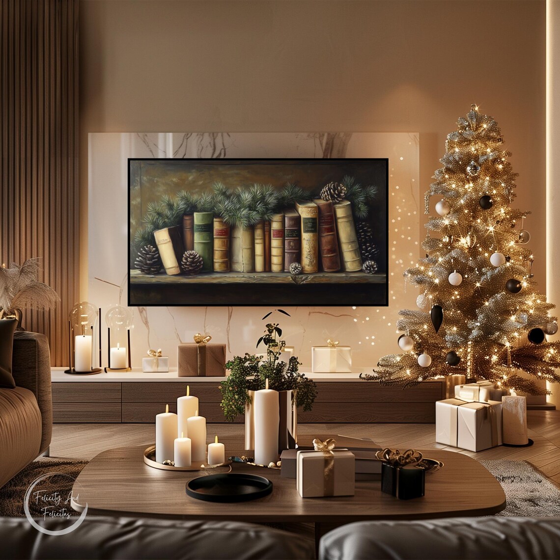 Vintage Bookshelf Old Books Pine Garland Winter Frame TV Art Poster - Image 4