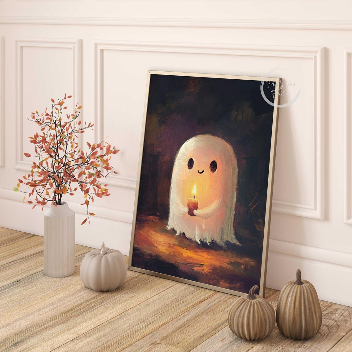 Cute Smiling Ghost Holding a Candle in the Dark Night Poster - Image 4