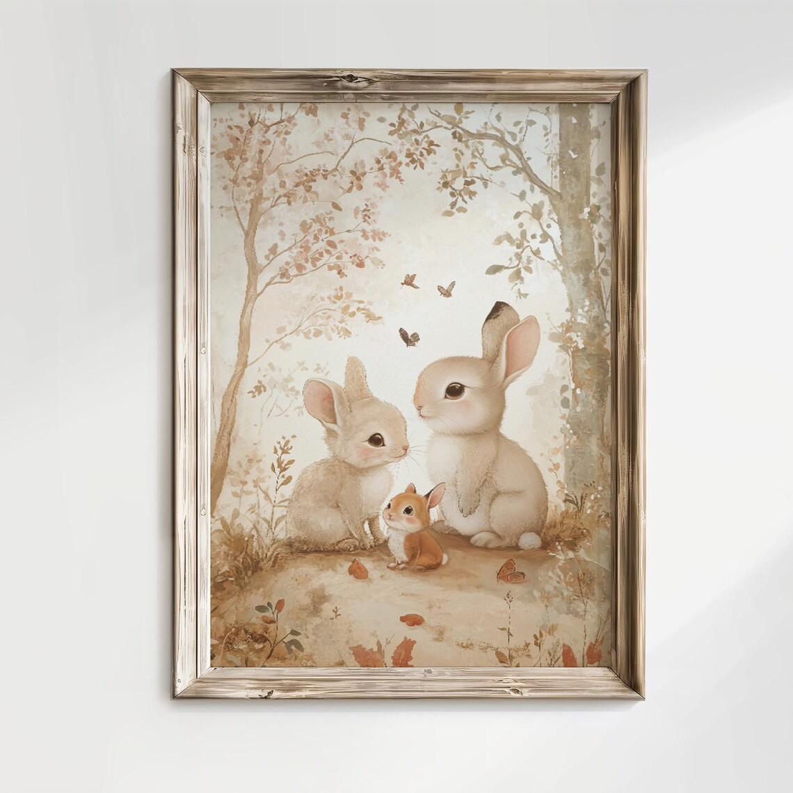 Three Bunnies in Autumn Woodland Watercolor Nursery Wall Art - Image 3