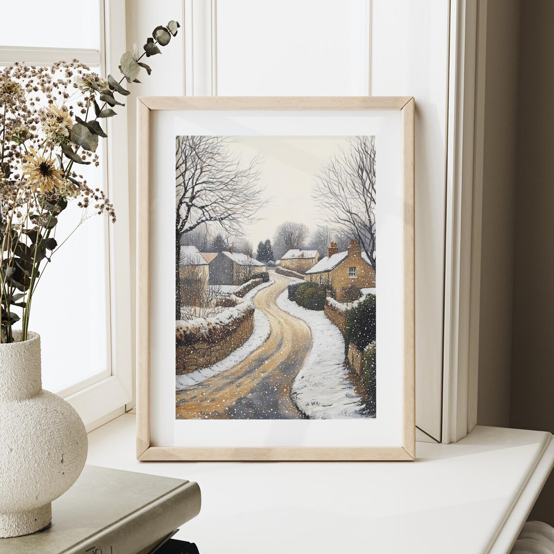 Quiet Snowy Village Lane with Cottages and Bare Trees Winter Poster - Image 4