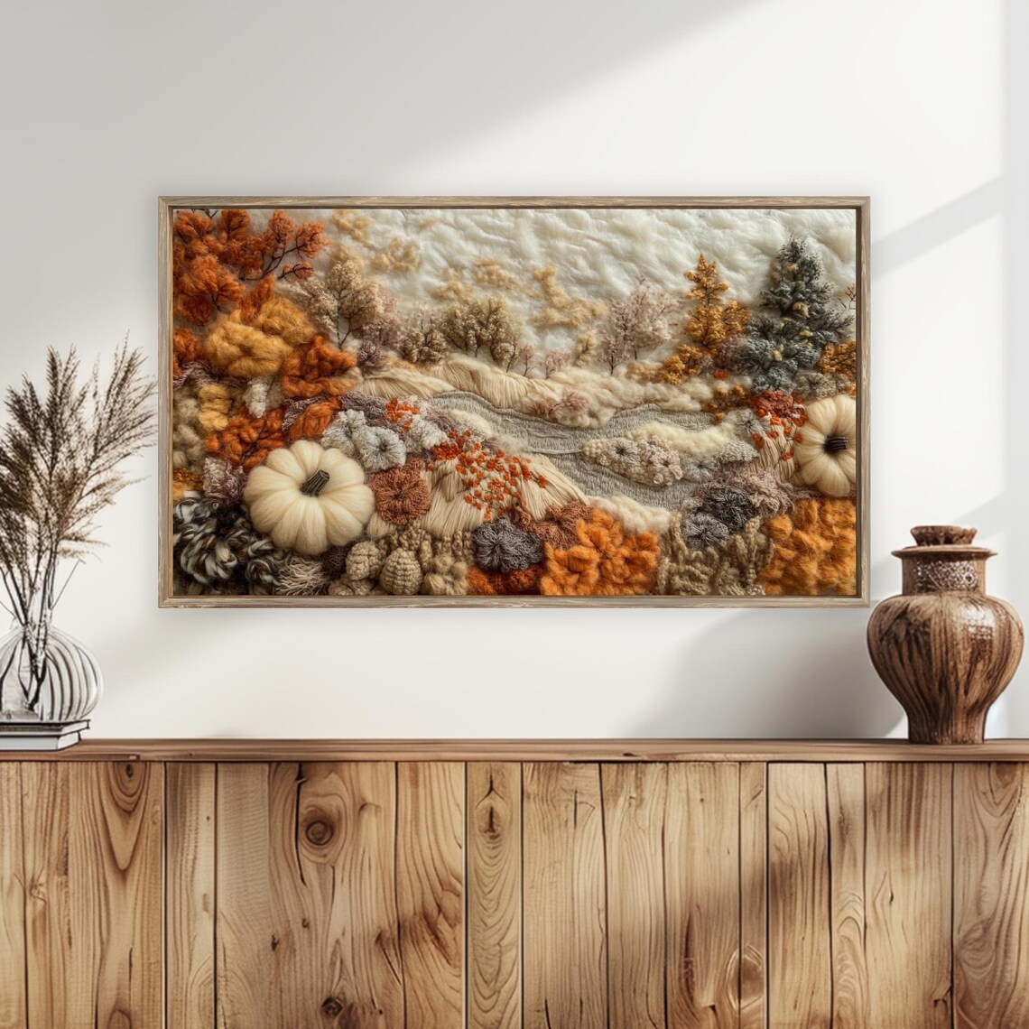 Textured Fiber Art Autumn Landscape with Pumpkins Fall Hills Poster - Image 5