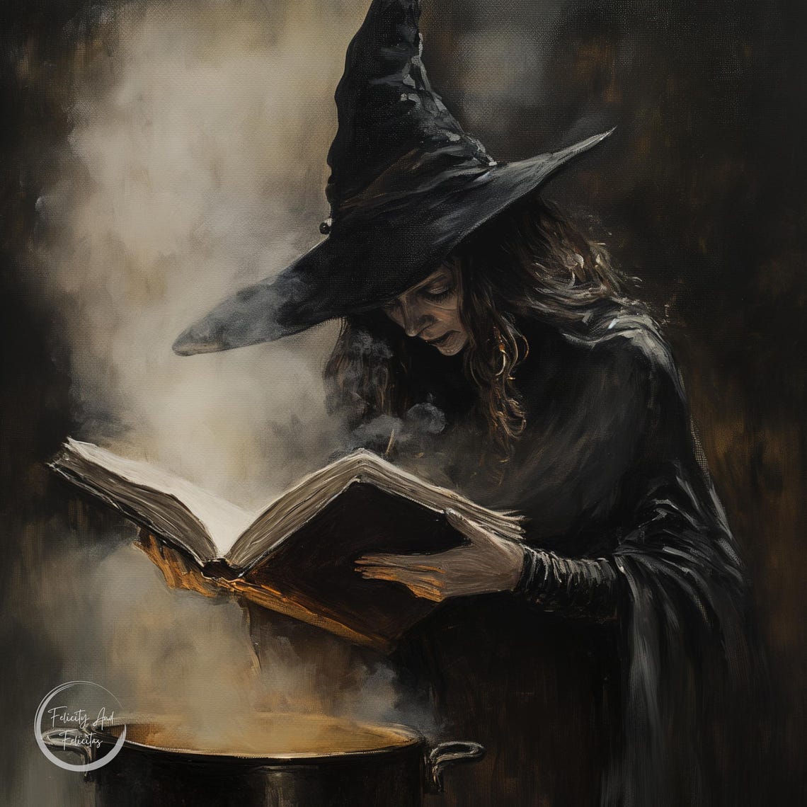Dark Vintage Witch Reading Spellbook Cauldron Halloween Wall Art - Image 6