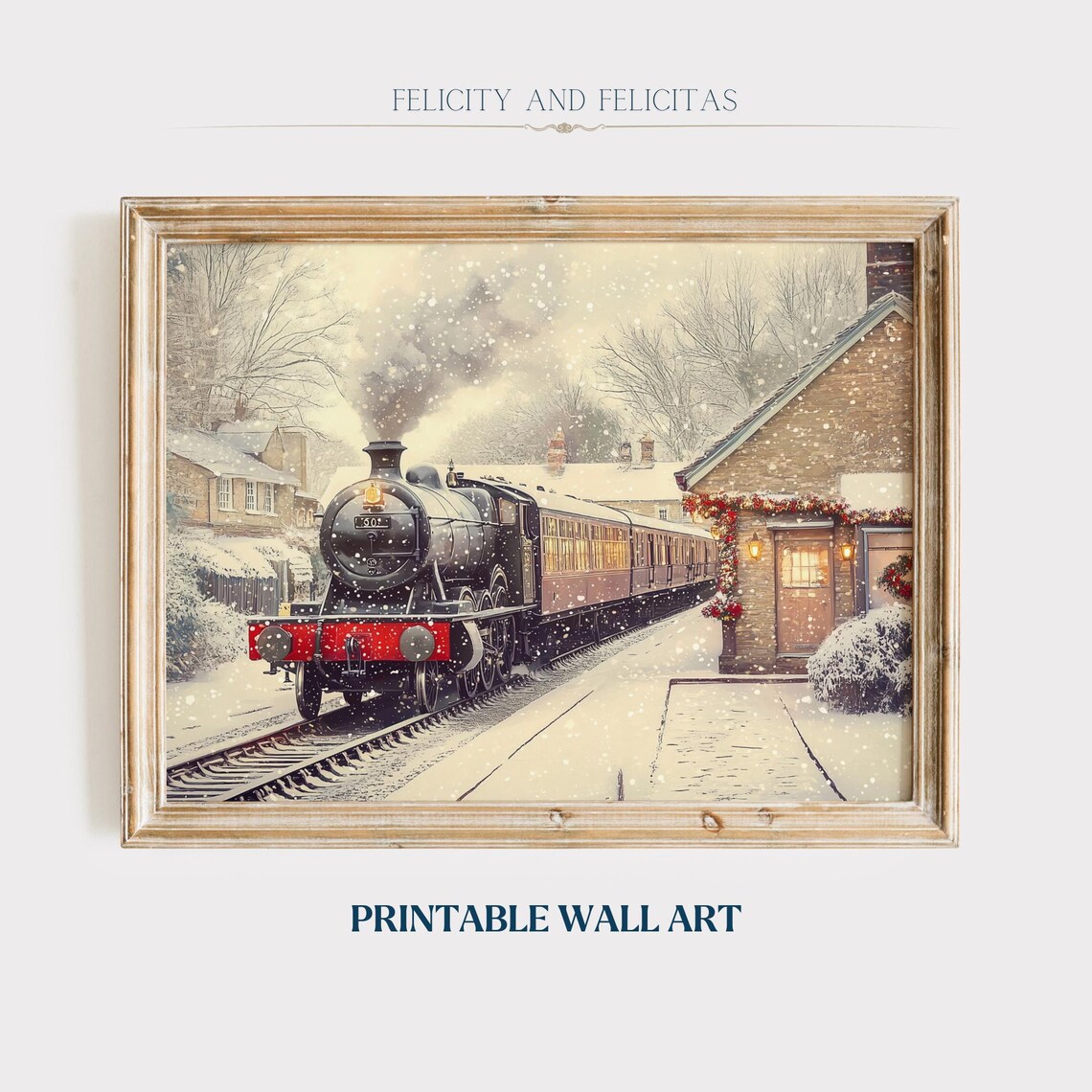 Vintage Christmas Steam Train Snowy Station Holiday Scene Poster