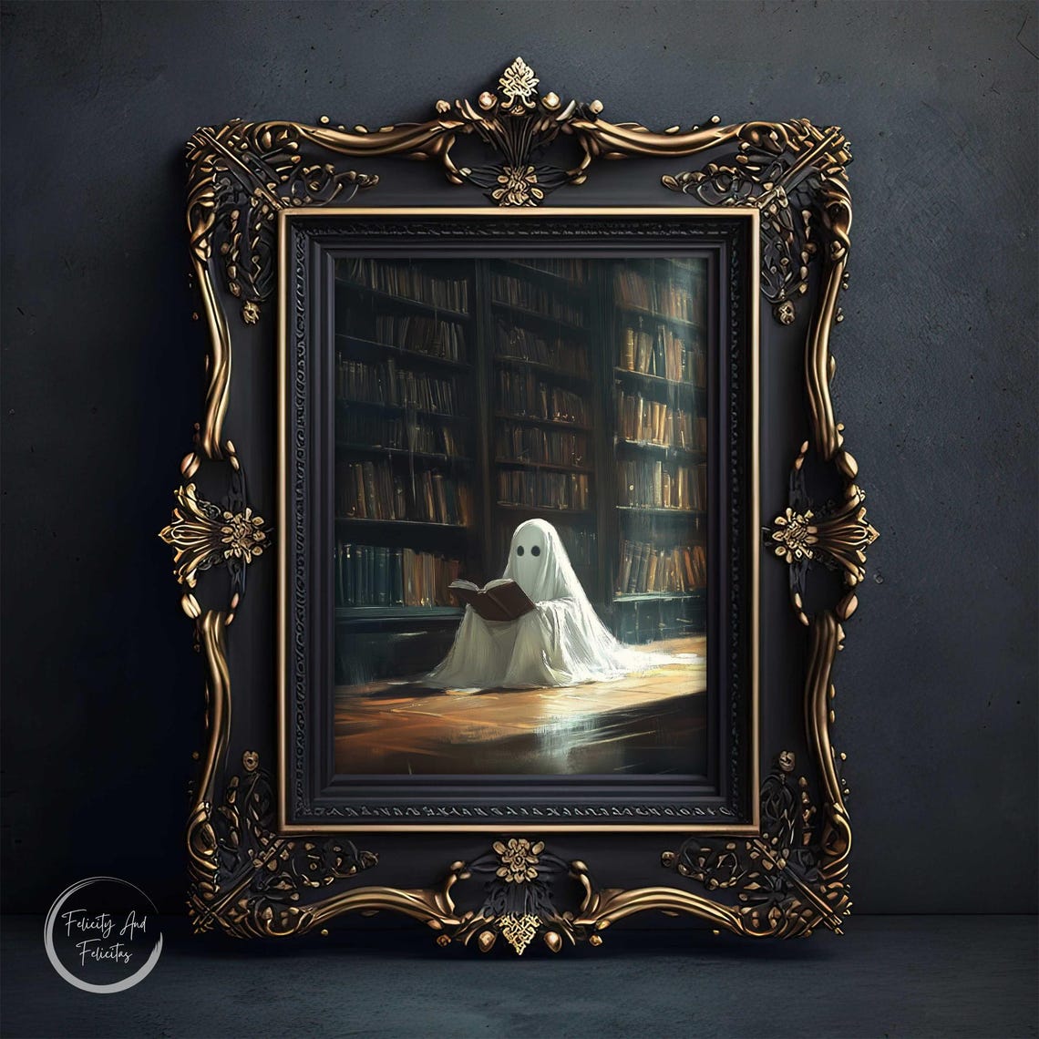 Ghost Reading Book Dark Library Halloween Cottagecore Wall Art - Image 6