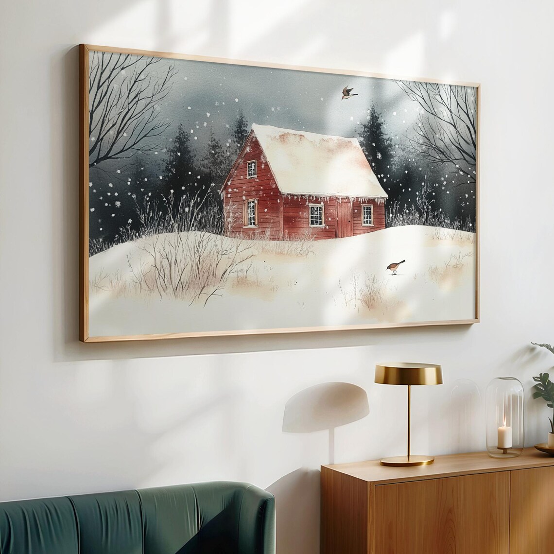 Red Barn In Winter Wonderland Watercolor Snow Birds Scene Poster - Image 4