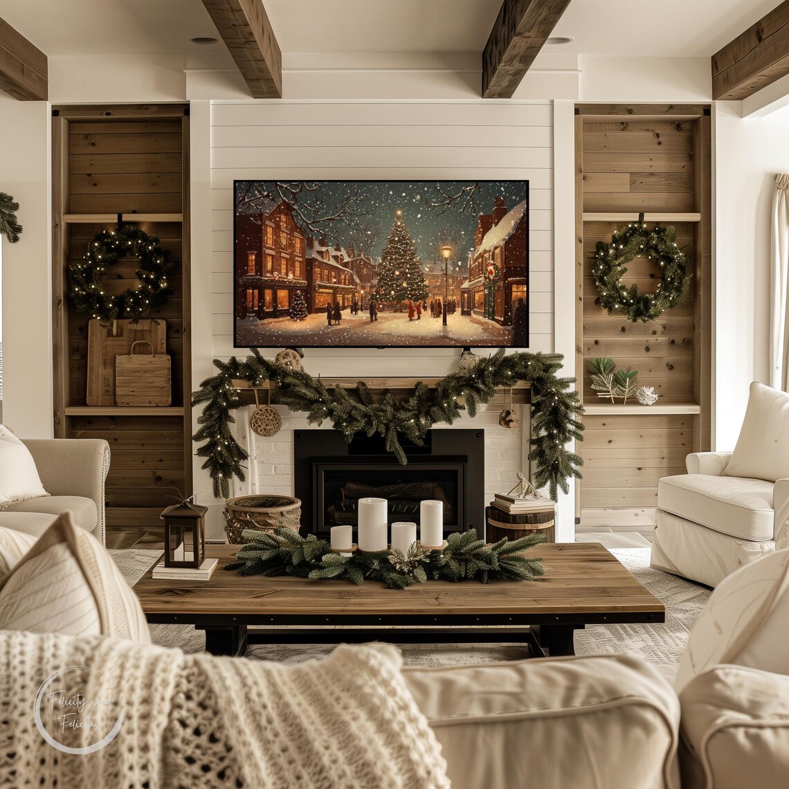 Christmas Eve Town Square Night Lit Tree Carolers Scene Poster - Image 4