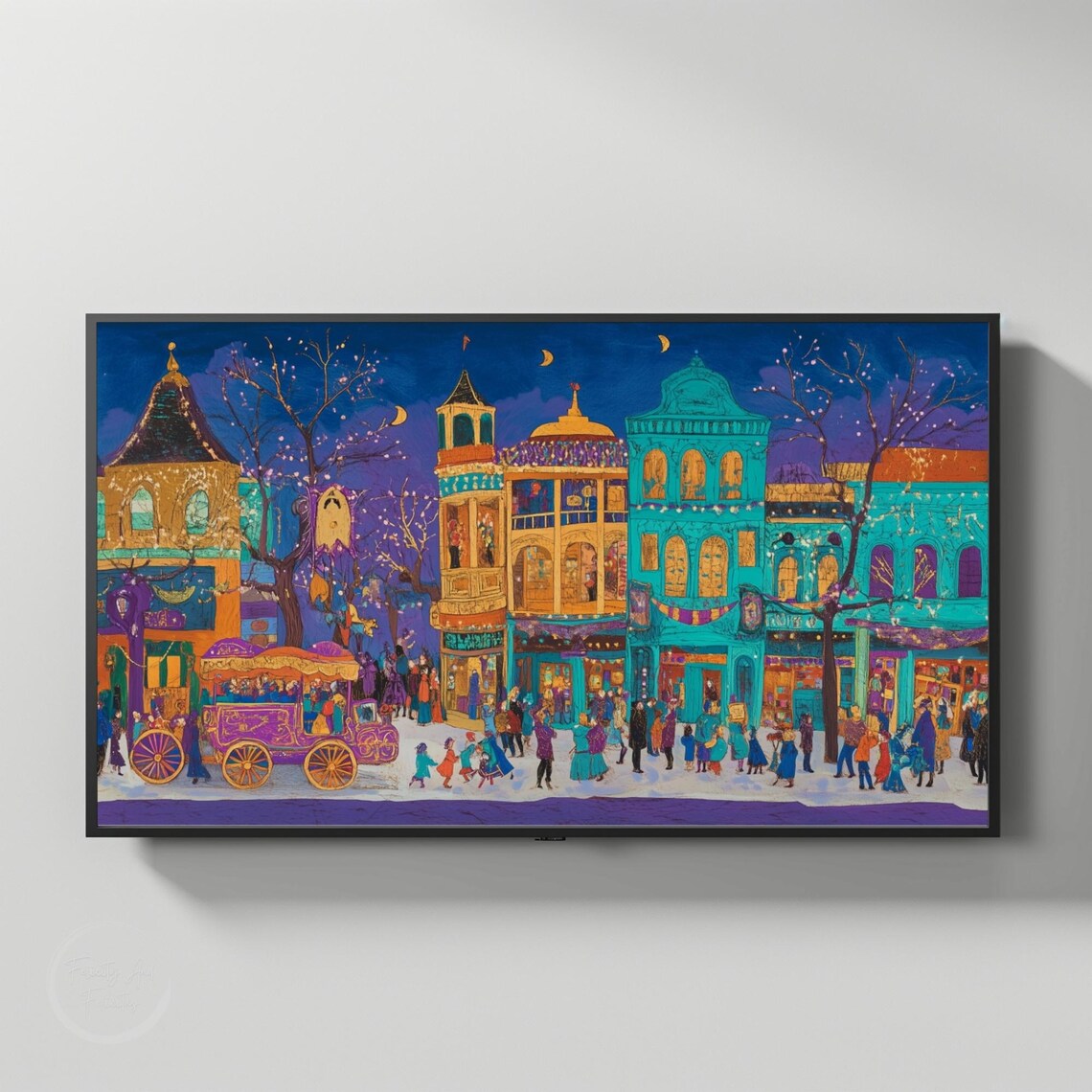 Teal and Gold Night Town Festival Carriage Frame TV Art Poster - Image 3