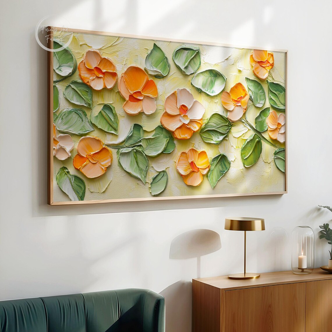 Orange Pop Art Flowers 3D Textured Floral Impasto Yellow Background Art Poster - Image 4