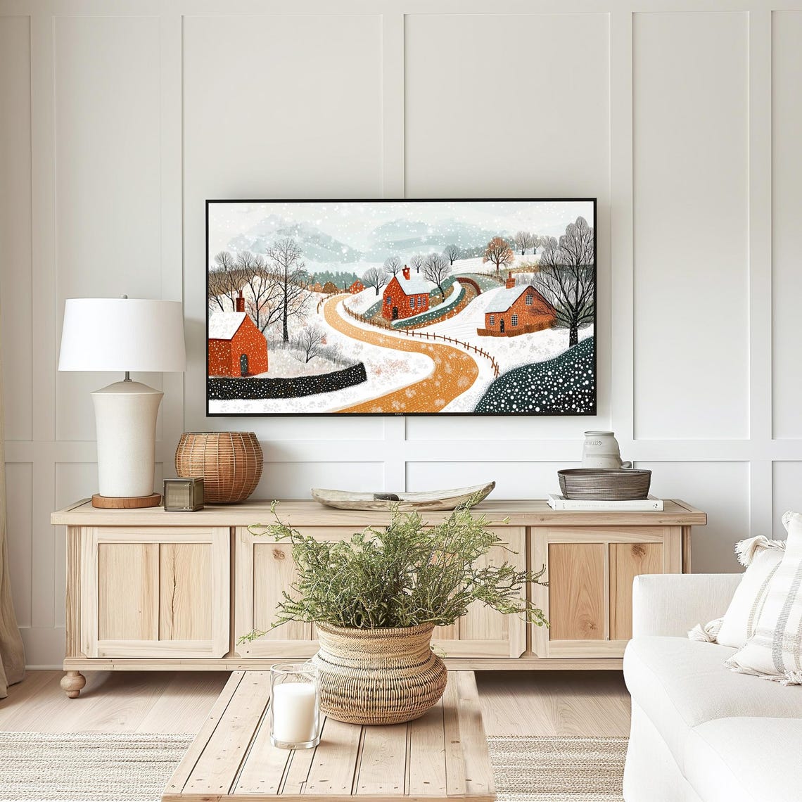 Winter Snowy Road Red Cottages Falling Snow Landscape Poster - Image 6