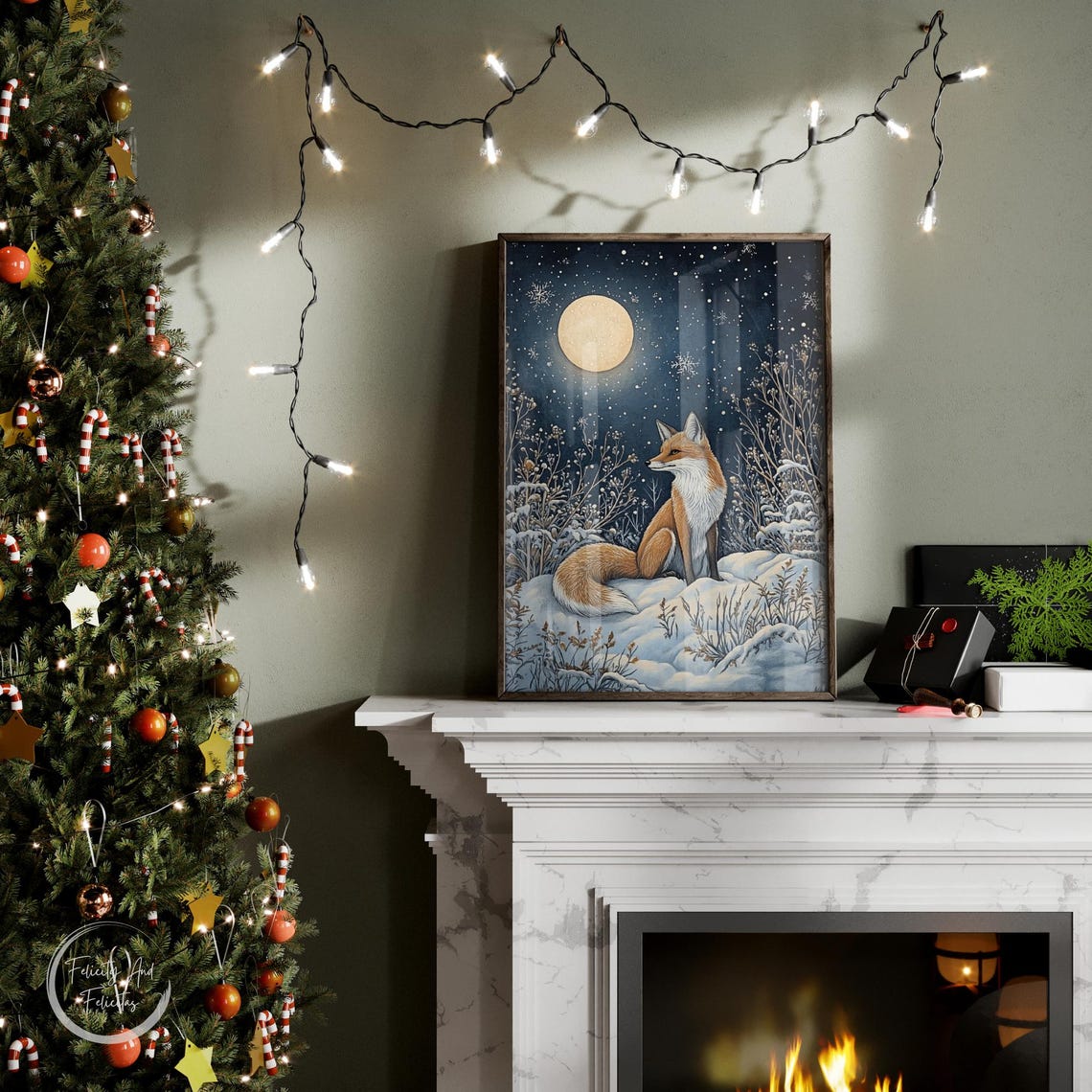 Red Fox Under Full Moon in Snowy Night Winter Forest Art Print - Image 6