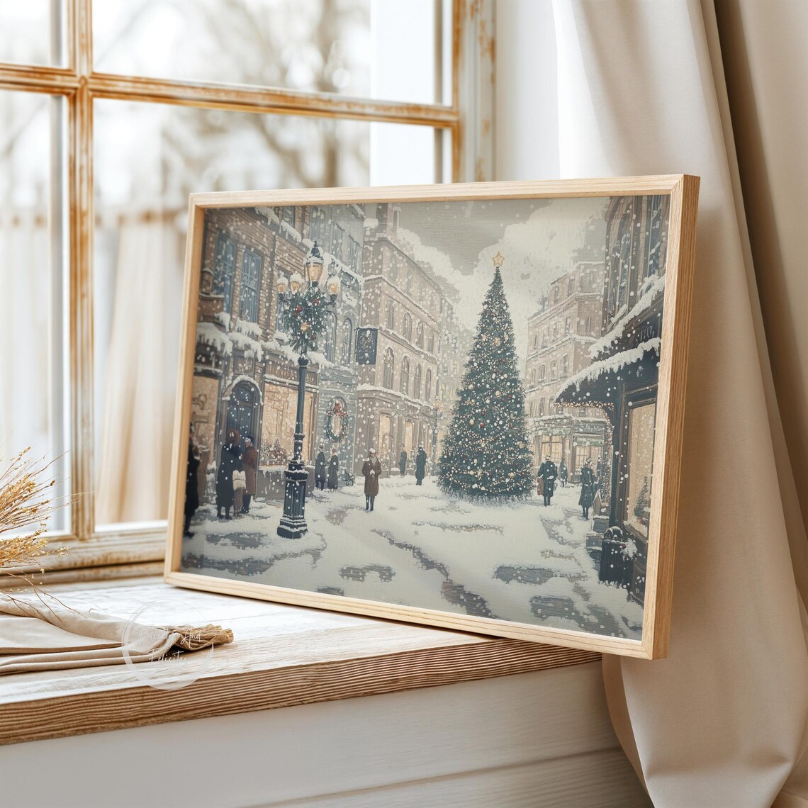 Vintage Snowy Christmas Street Tall Tree Old Town Scene Poster - Image 3