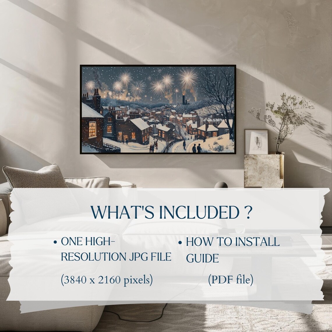 Snowy Village Fireworks Night Winter Holiday Frame TV Art Poster - Image 2
