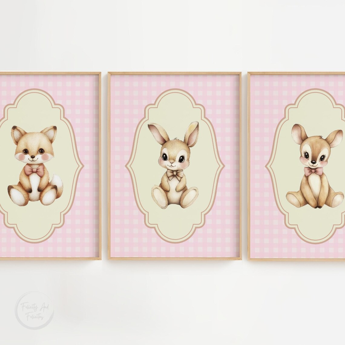 Pink Gingham Nursery Set Cat Bunny Fawn with Bows Girl Room Wall Art - Image 3