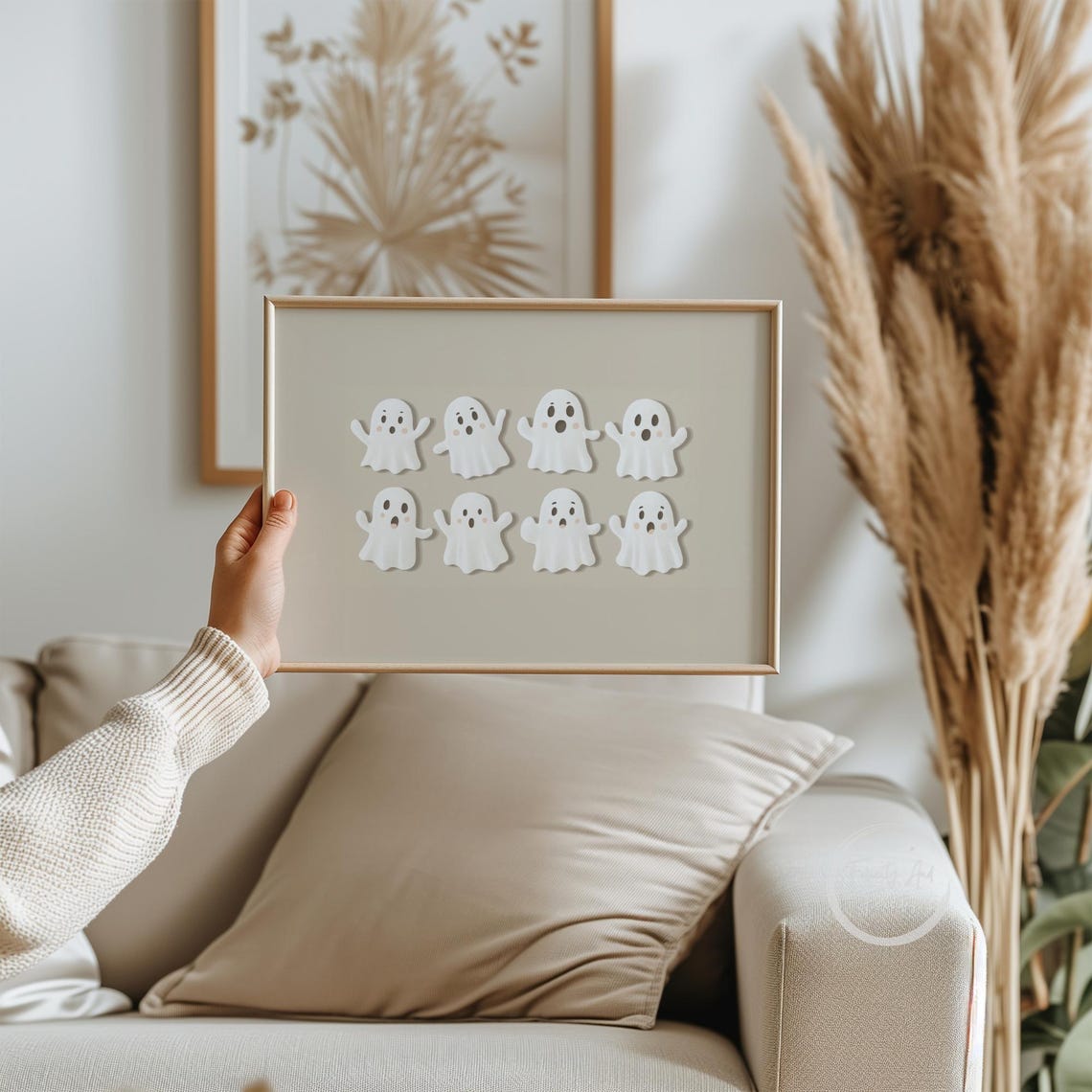 Pastel Halloween Eight Cute Ghosts Beige Minimal Sweet Wall Art - Image 6