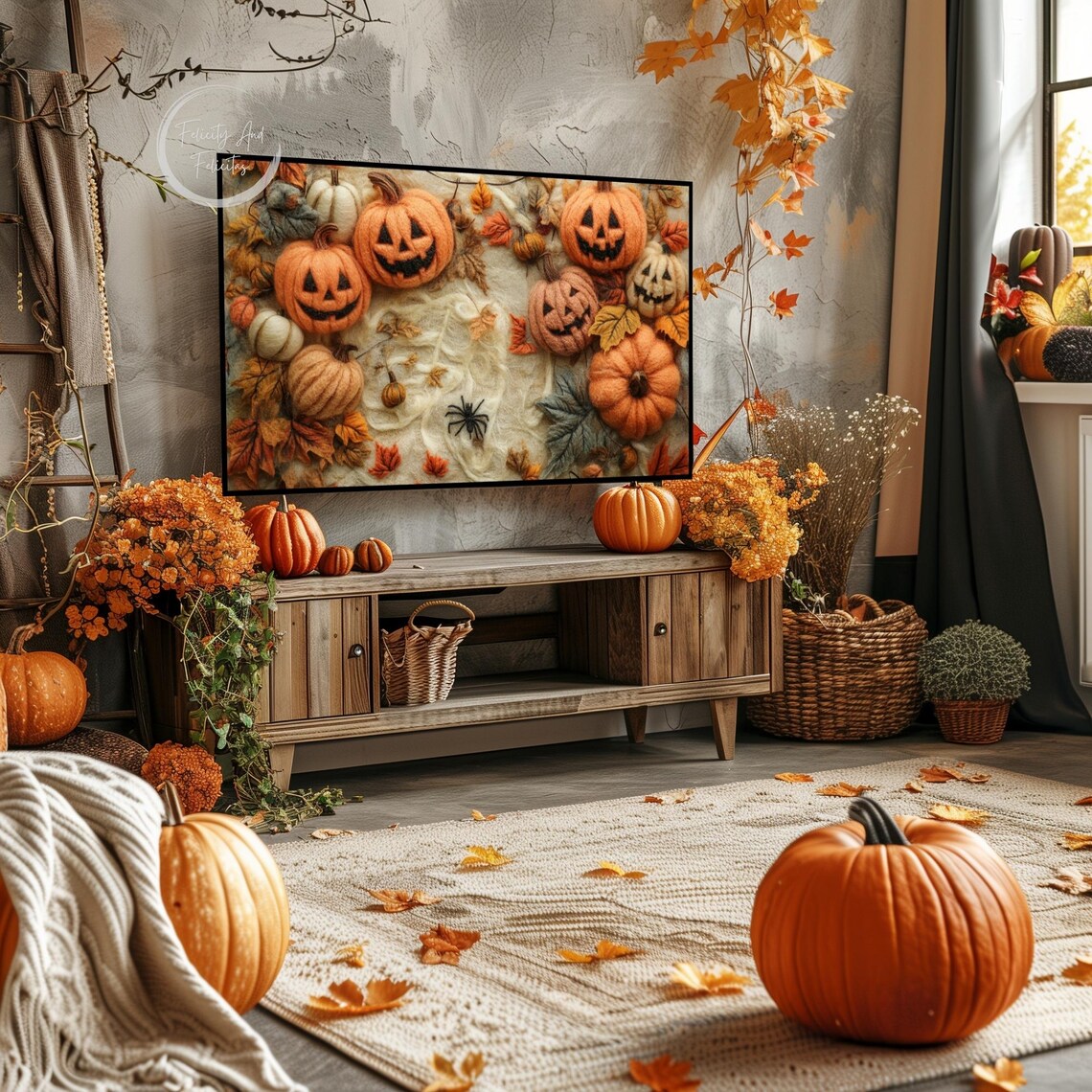 Felt Wool Halloween Pumpkins Jack O Lantern Fall Cozy Wall Art - Image 3