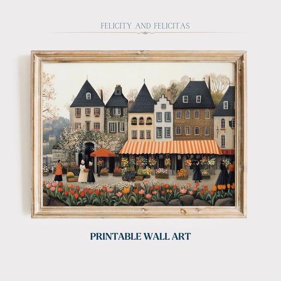 Retro Spring Wall Art Cute Spring Village Art Spring Farmhouse Decor Vintage Tulip Market Canva