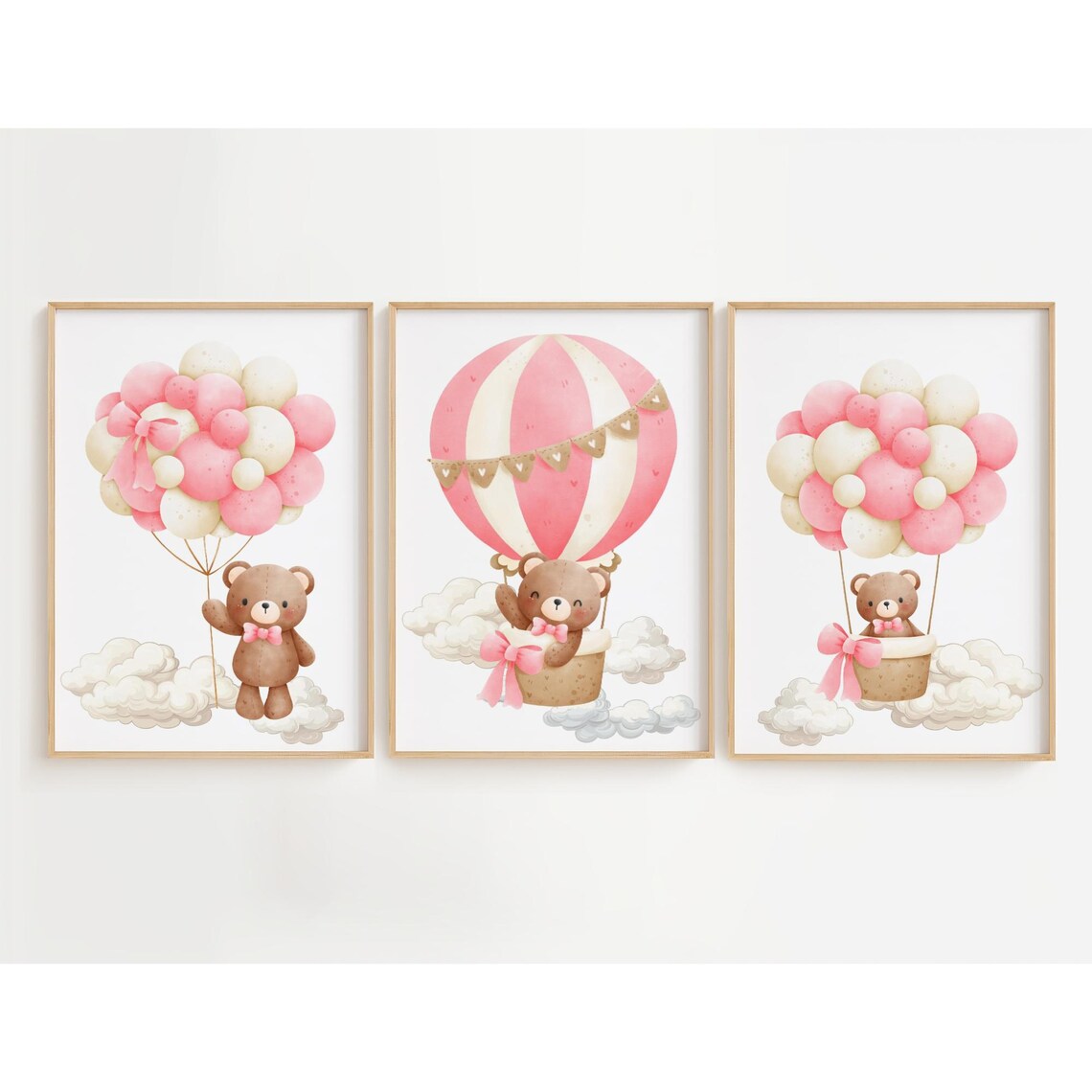 Pink Teddy Bear Hot Air Balloon Nursery Set Girl Room Wall Art - Image 3