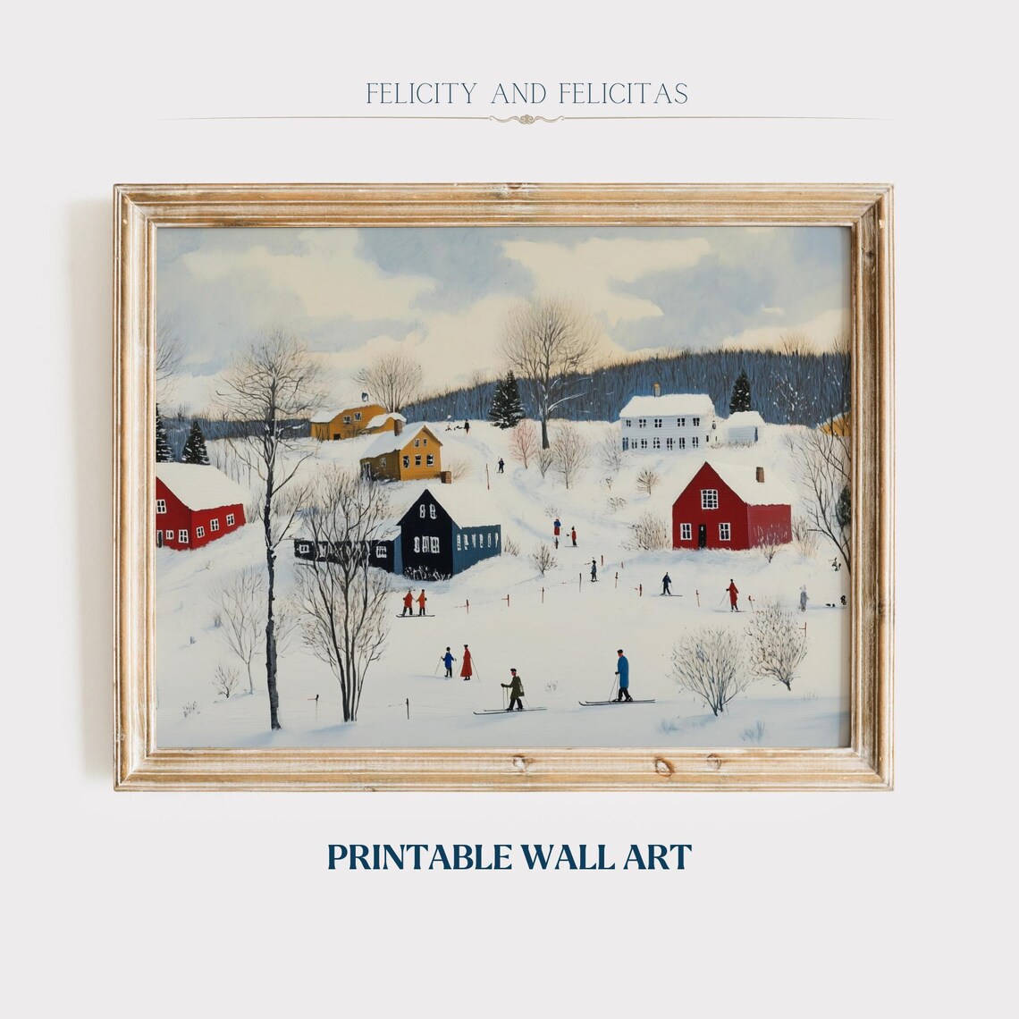 Winter Village Skiers On Snowy Hill Red Houses Folk Art Poster