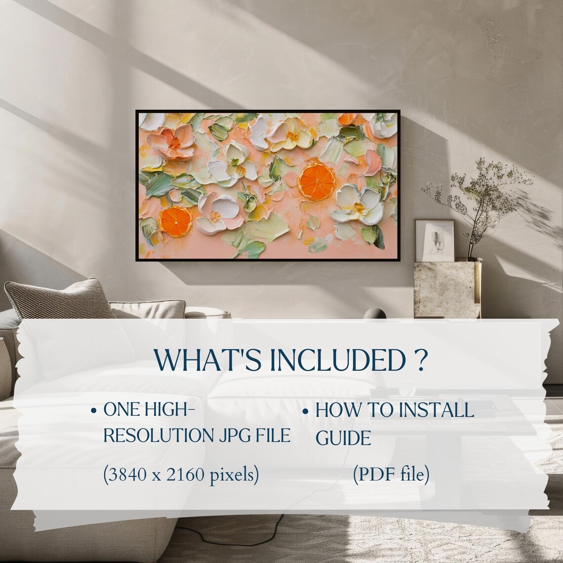 Orange Slices and White Flowers Textured Impasto Fruit Floral Art Poster - Image 2