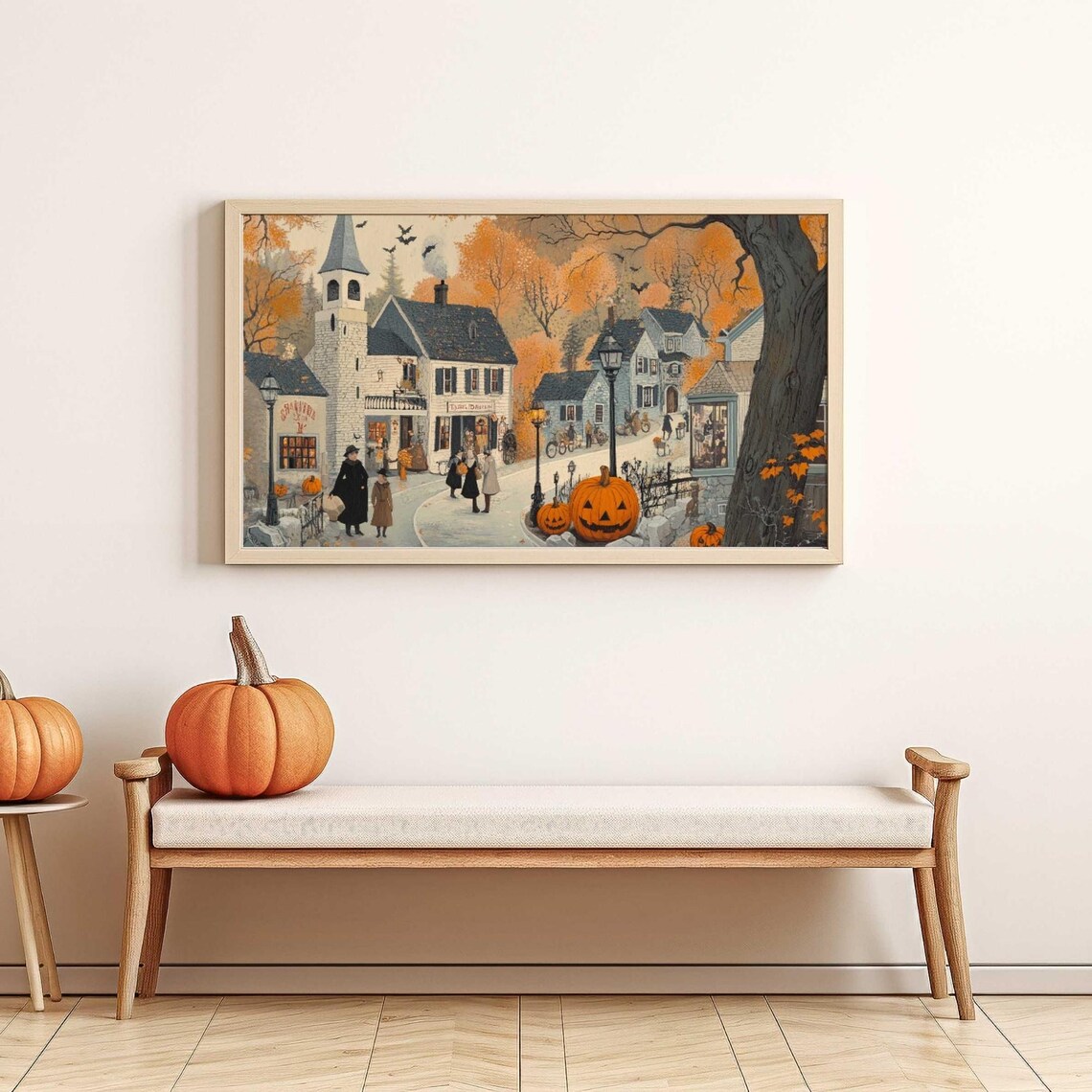 Halloween Village with Trick or Treaters and Church Autumn Poster - Image 4