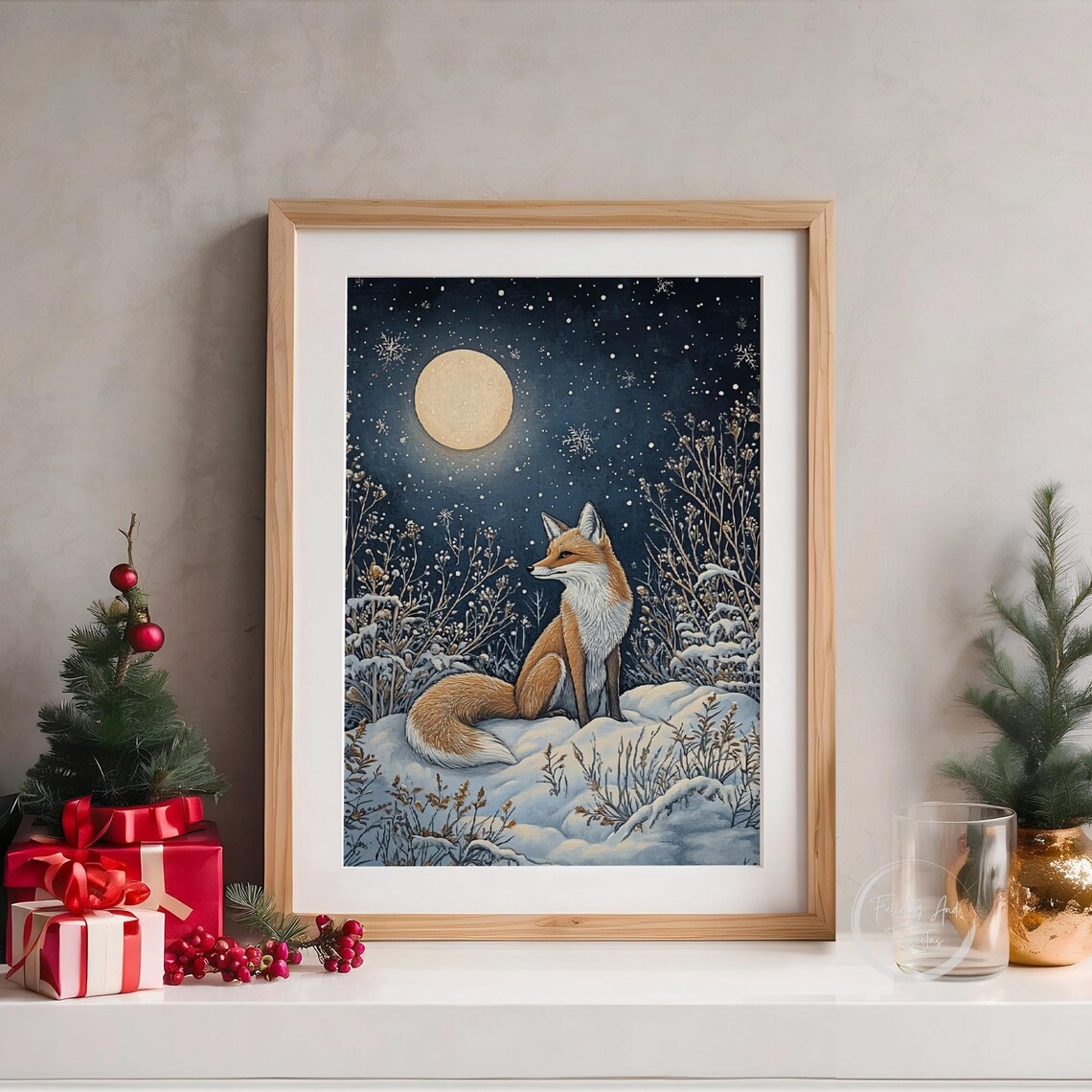 Red Fox Under Full Moon in Snowy Night Winter Forest Art Print - Image 4